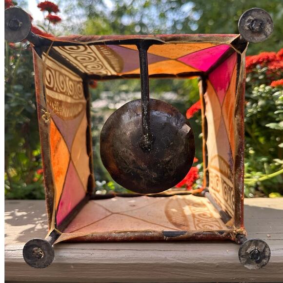 Candle holder Vintage Stretched Skin Square Painted ethnic tribal metal pink 7” - Picture 5 of 14